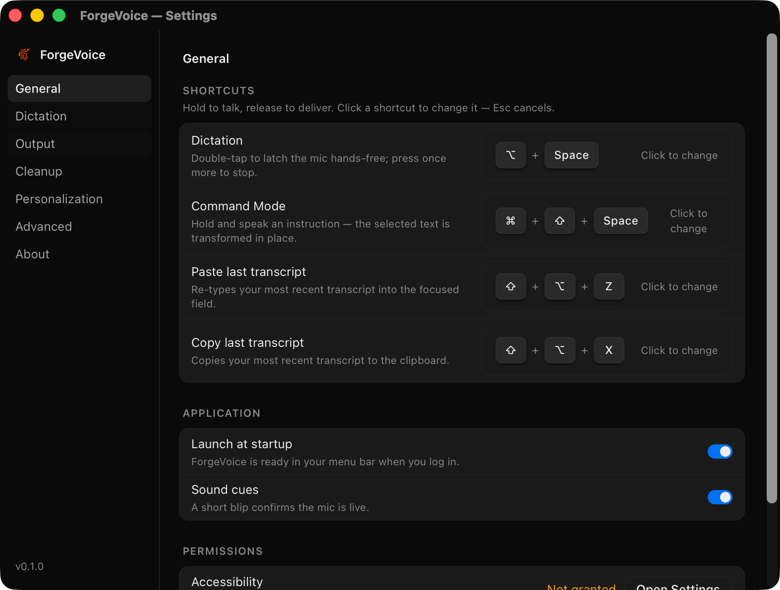 ForgeVoice development capture showing dictation shortcuts and application settings